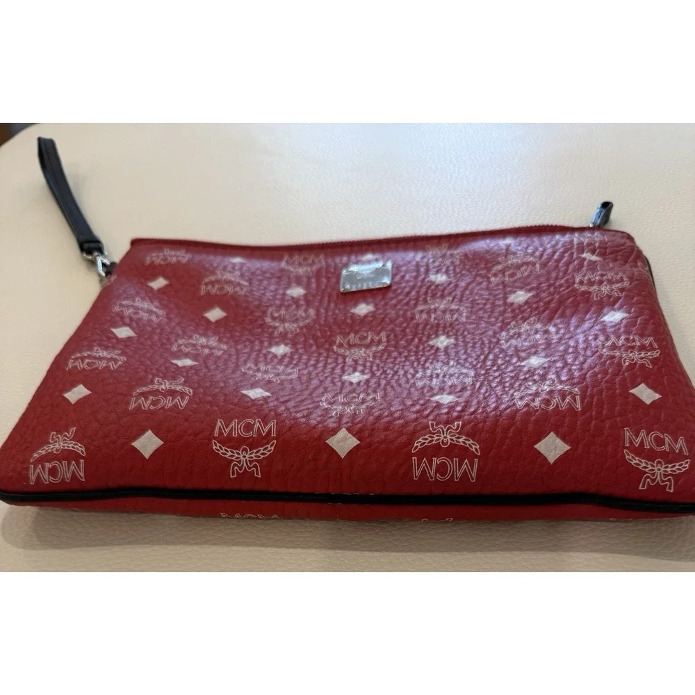 MCM Red Pebbled‎ Clutch Wristlet with Logo Accent Wrist Strap